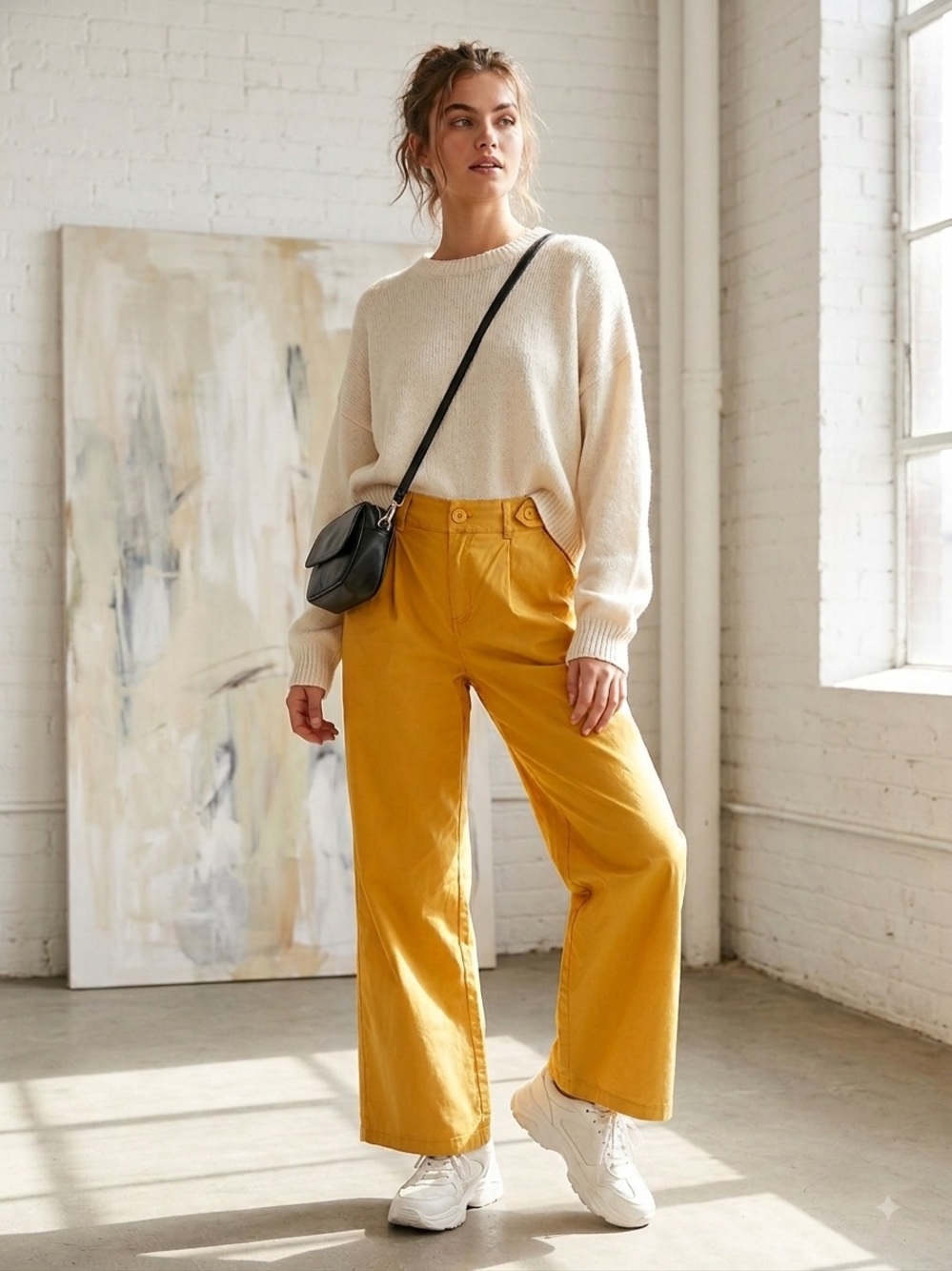 BDG Urban Outfitters Wide Leg Yellow Cotton Pants Abstract Artsy , Small